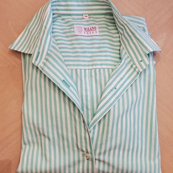 Milano Italy button down shirt woman's European size 38 white & green pin strips - Picture 1 of 6